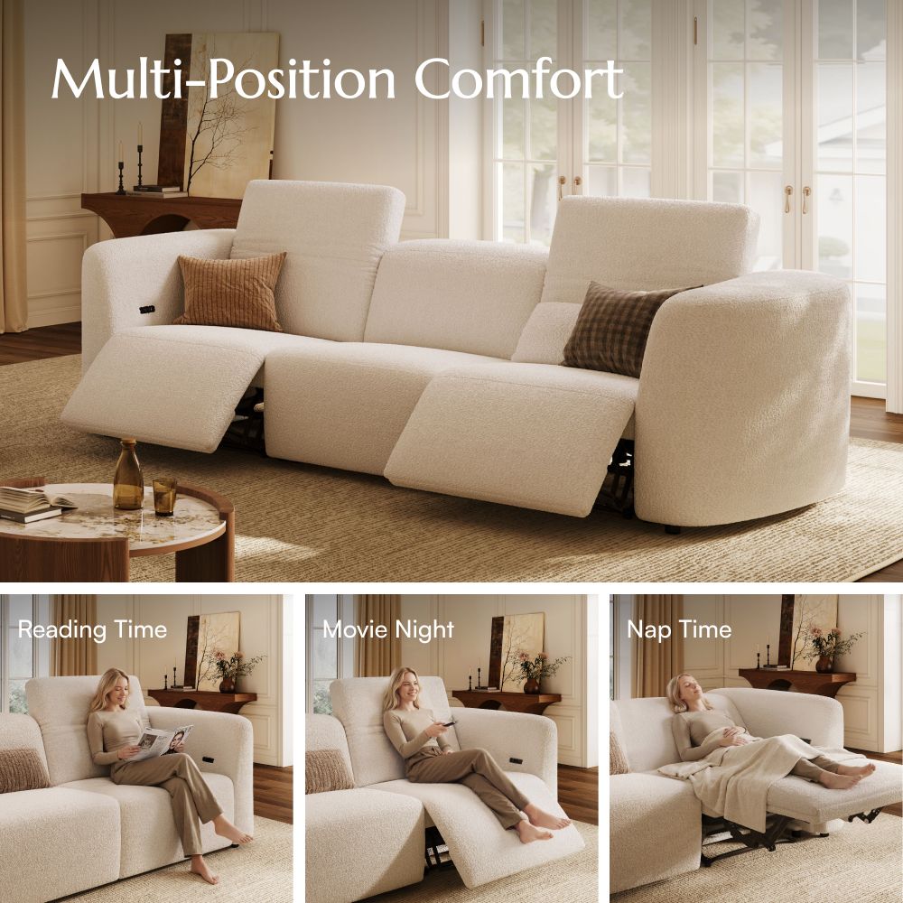 Living Room Beige Italian Bouclé Teddy Power Reclining Sofas