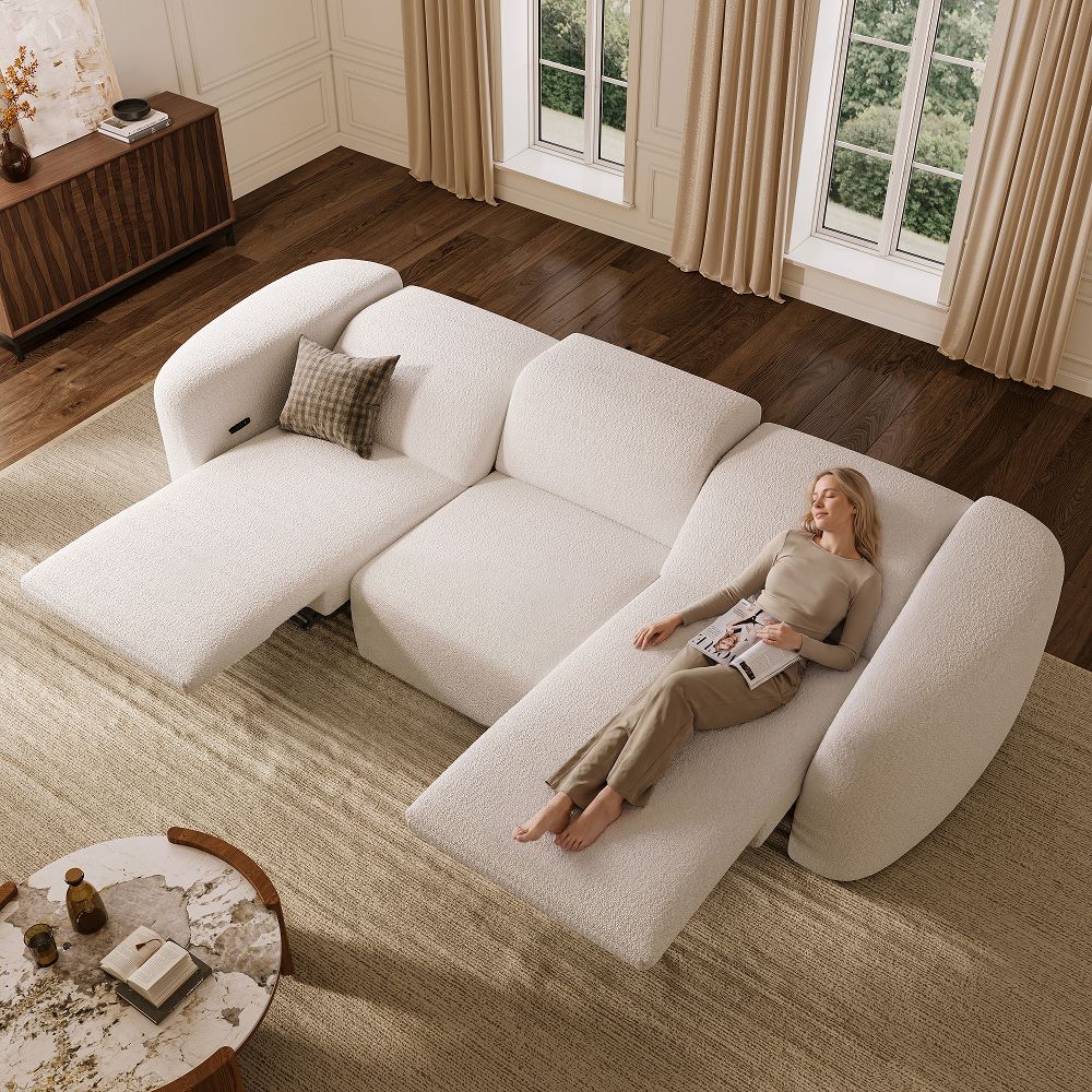 Deep Seat Beige Italian Bouclé Teddy Power Reclining Sofas