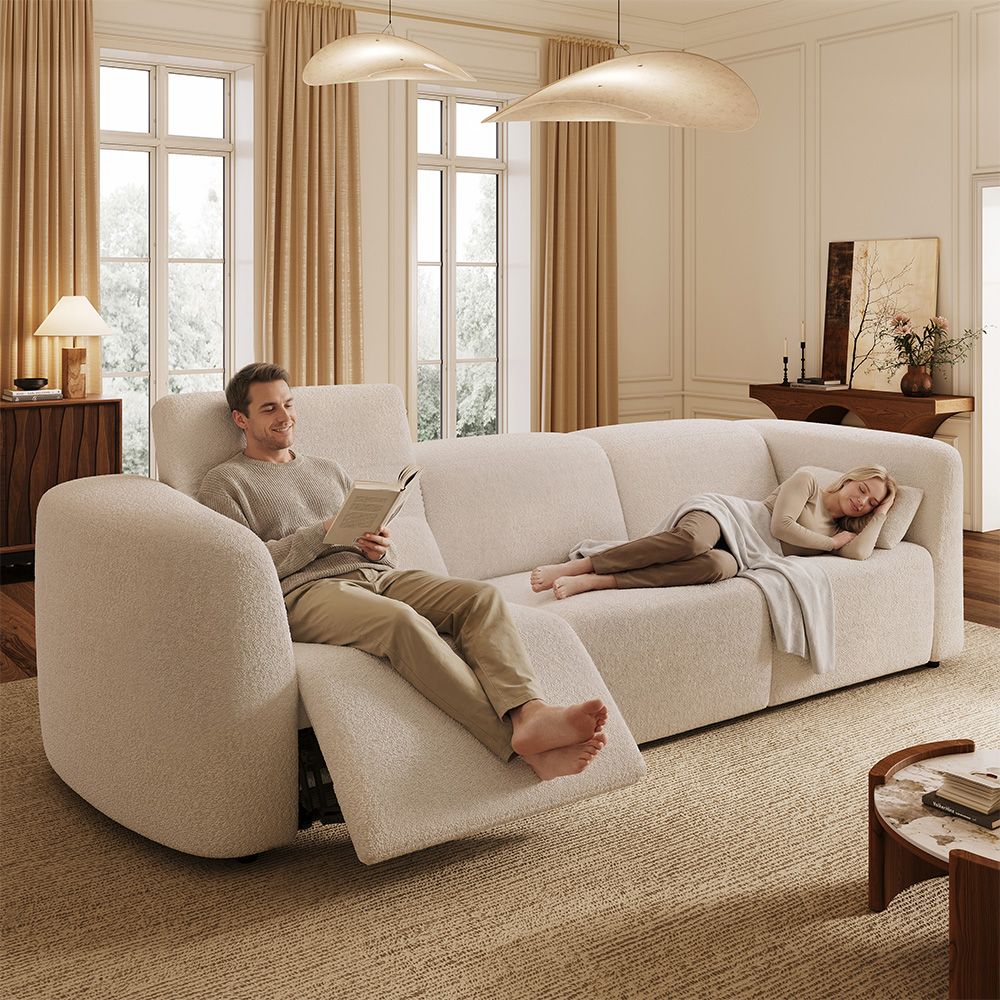 Very Relaxed Beige Italian Bouclé Teddy Power Reclining Sofas