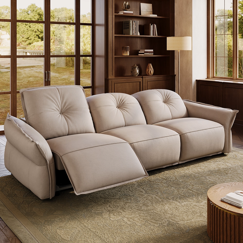 Curved Armrest Beige Top Grain Leather Power Reclining Sofas
