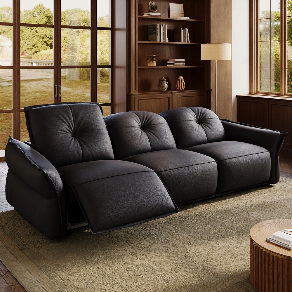 3-4 Seater Black Top Grain Leather Power Reclining Sofas