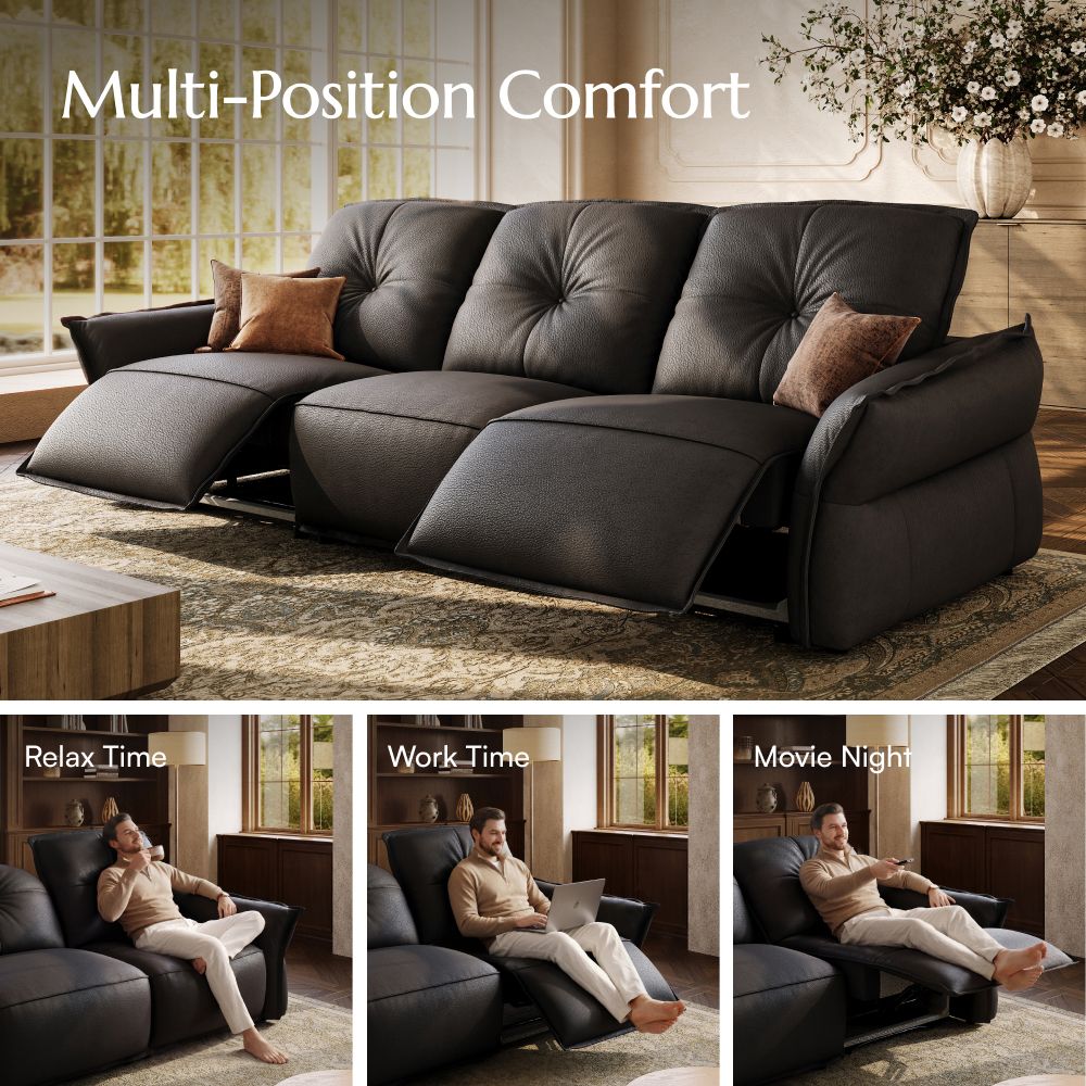 Office Black Top Grain Leather Power Reclining Sofas