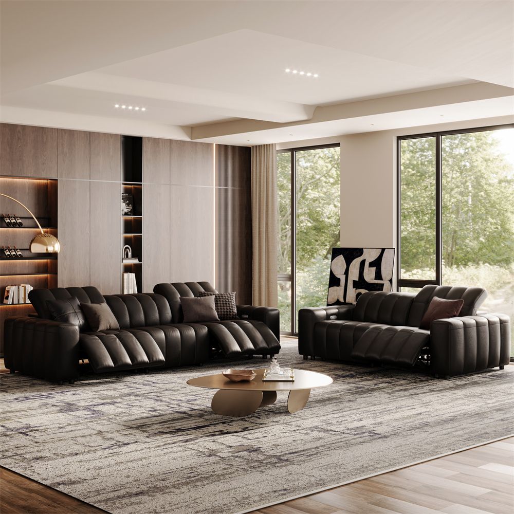 5-6 Seater Black Full-Grain Leather Power Reclining Sofas