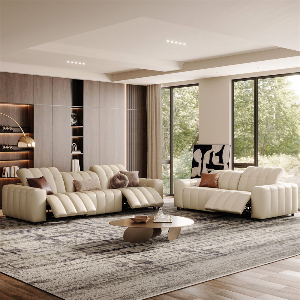 Living Room Beige Full-Grain Leather Power Reclining Sofas