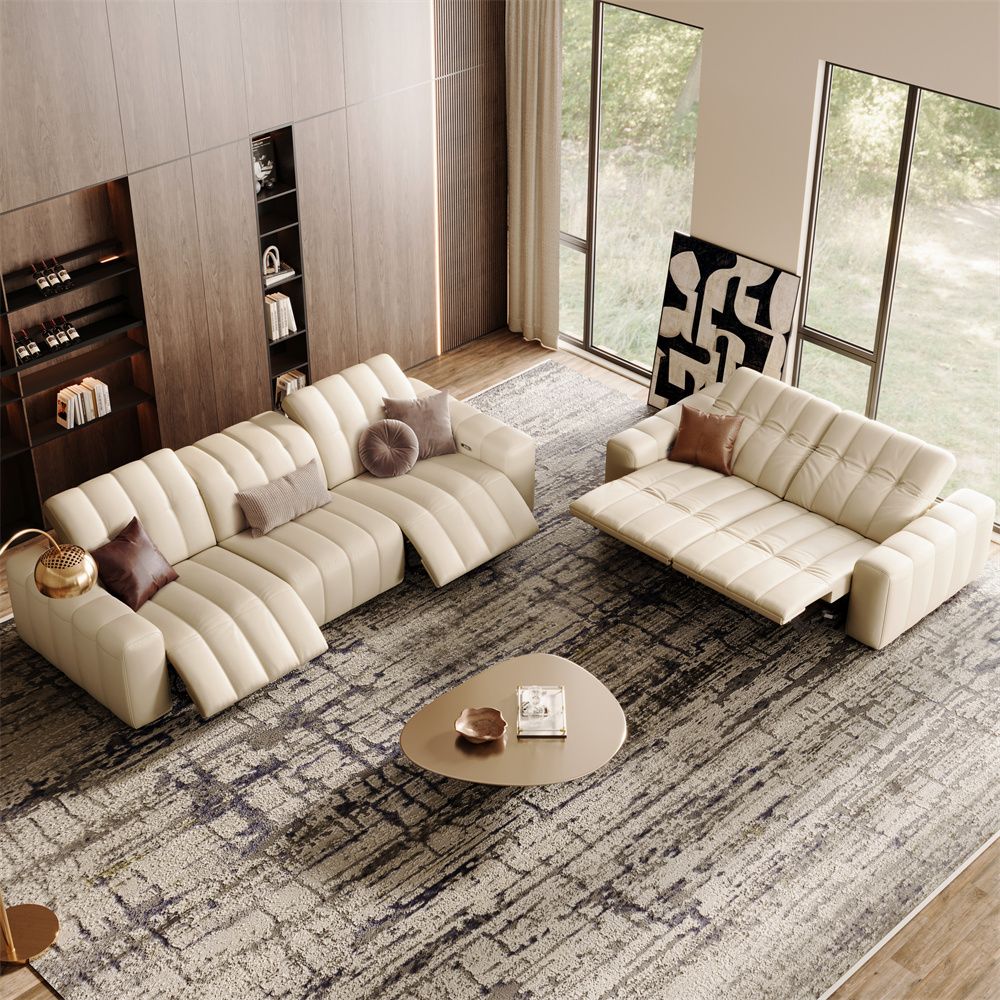 4-5 Seater Beige Full-Grain Leather Power Reclining Sofas