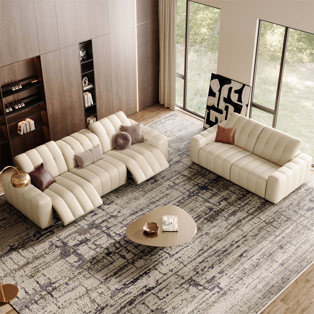 Home Theater Beige Full-Grain Leather Power Reclining Sofas