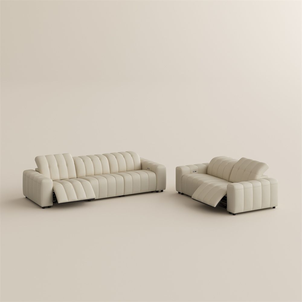 Dual Power Reclining Sofa Beige Full-Grain Leather Power Reclining Sofas