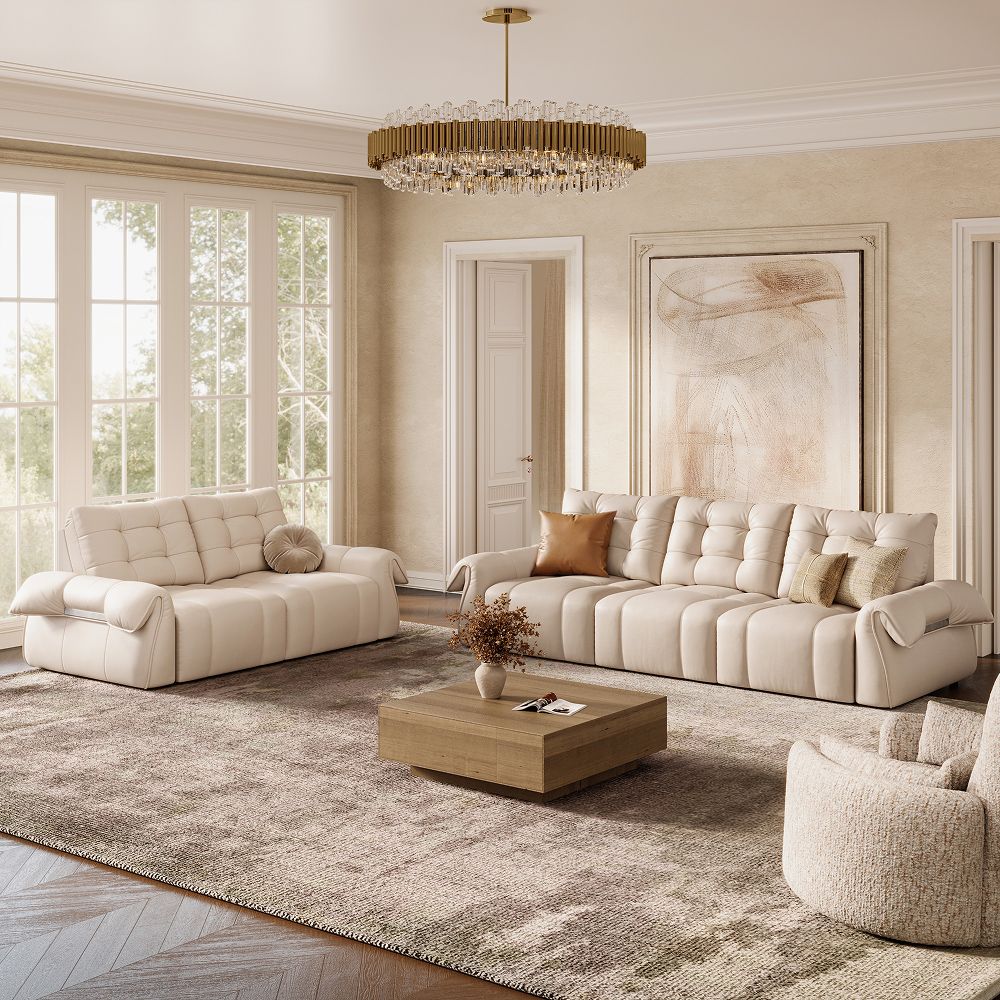 Extra Deep Seat Beige Top Grain Leather Power Reclining Sofas