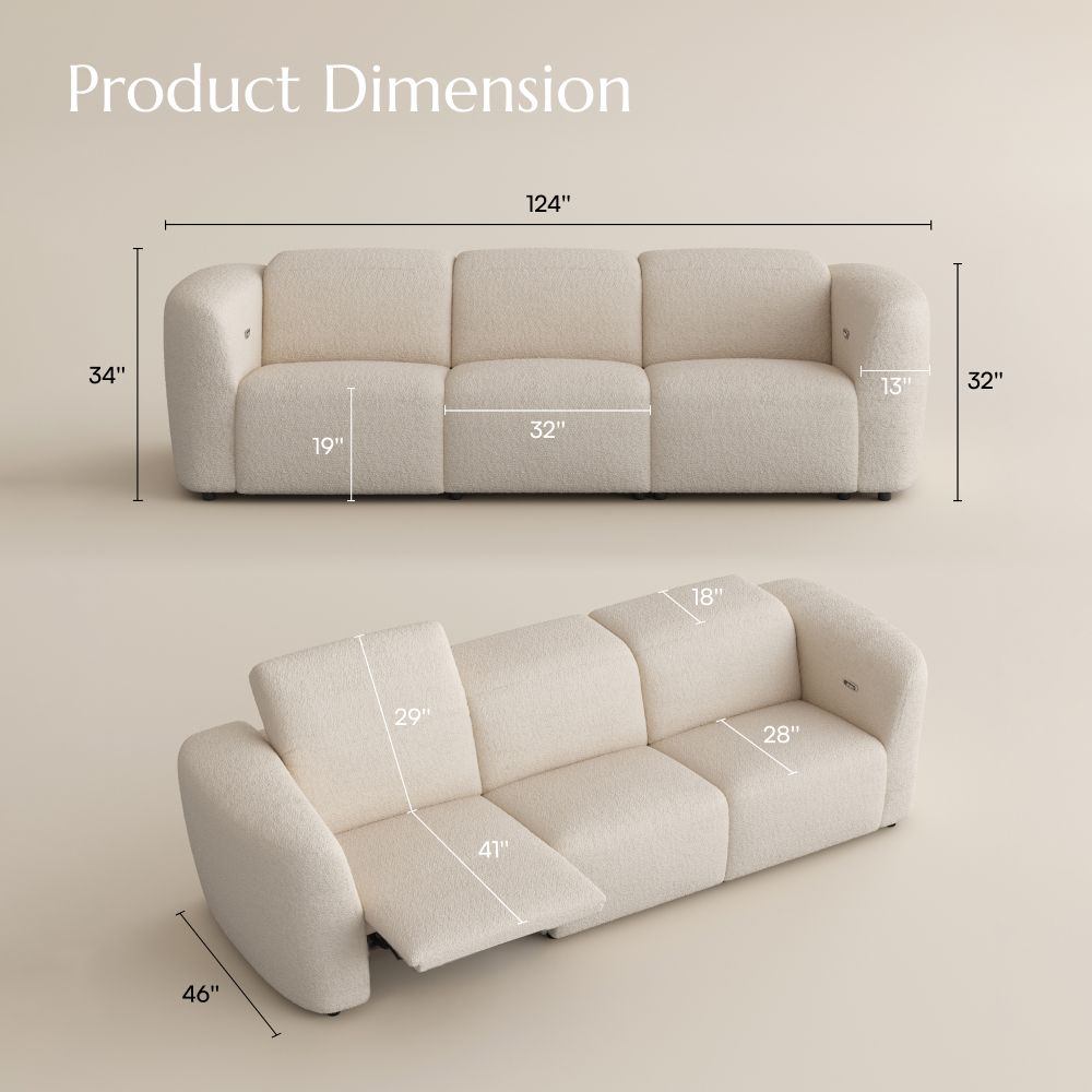 Large Beige Italian Bouclé Teddy Power Reclining Sofas