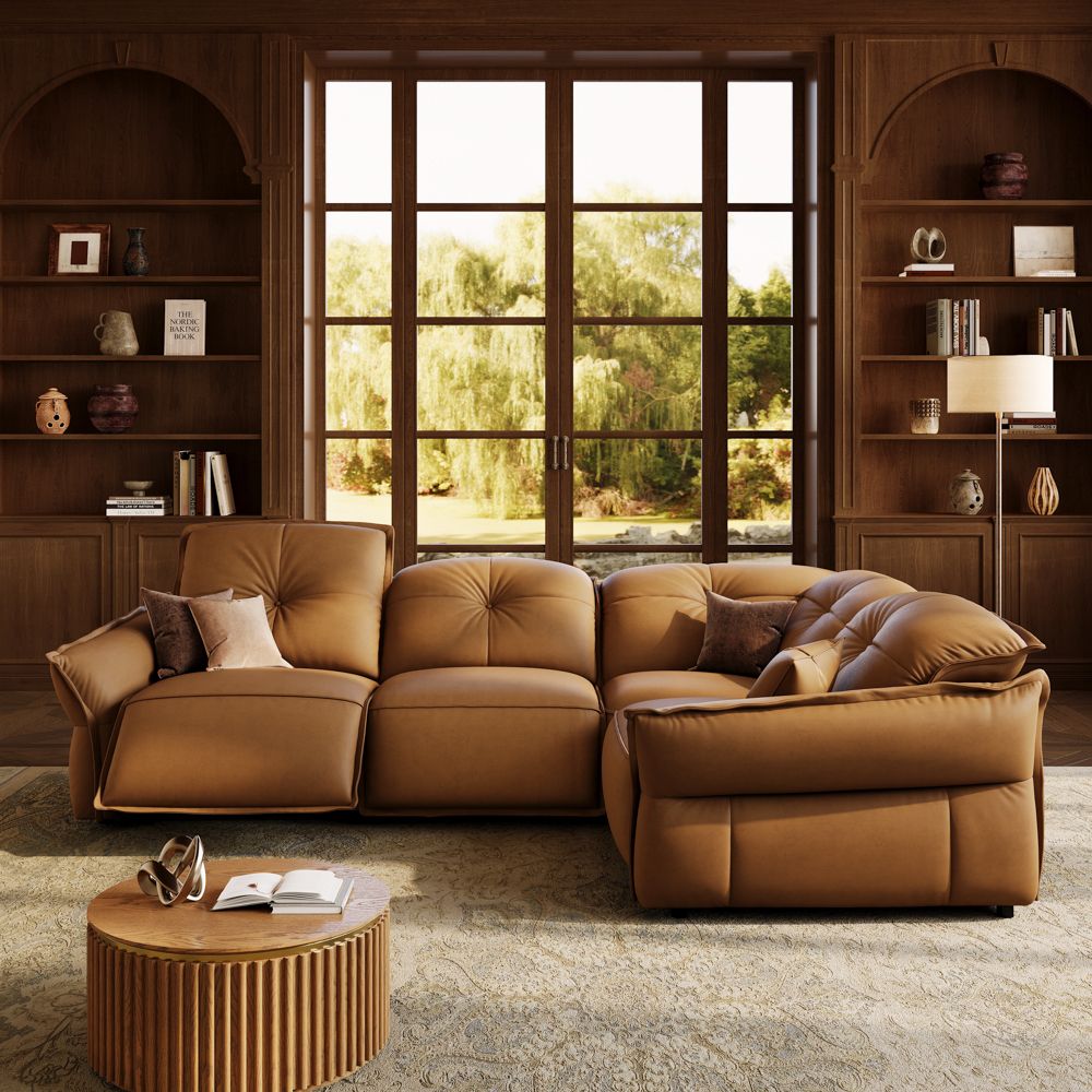Pillow Armrest Brown Top Grain Leather Power Reclining Sofas