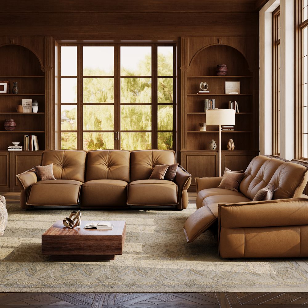 Mid-Century Modern Brown Top Grain Leather Power Reclining Sofas