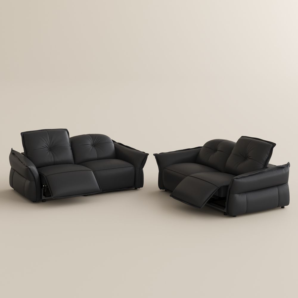 Curved Armrest Black Top Grain Leather Power Reclining Sofas
