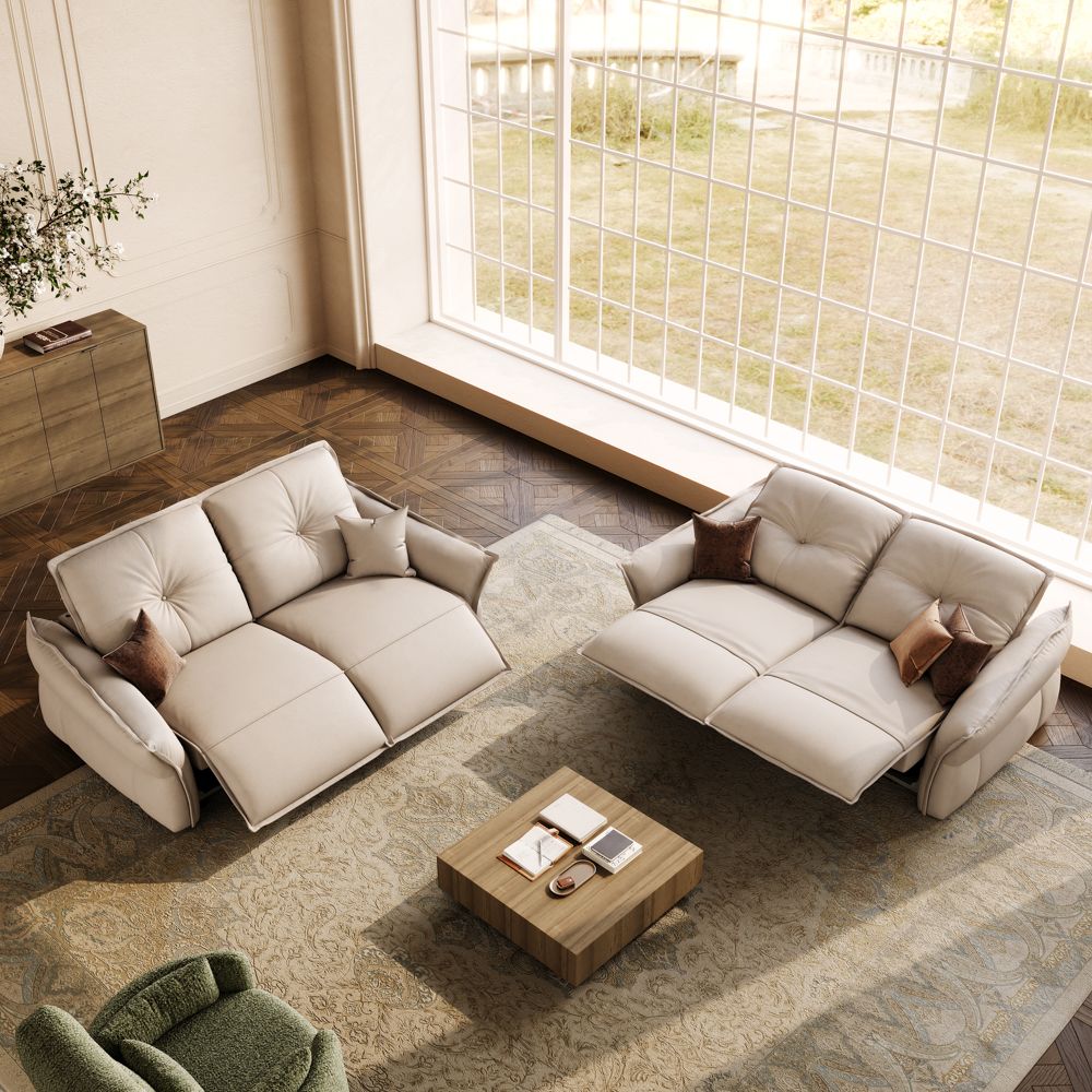 Dual Power Reclining Sofa Beige Top Grain Leather Power Reclining Sofas