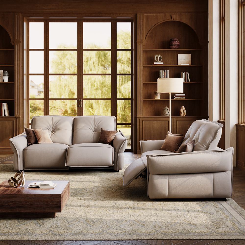 Relaxed Beige Top Grain Leather Power Reclining Sofas