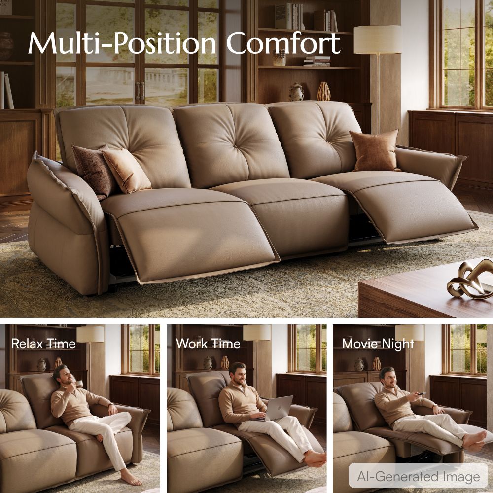 Brown Khaki Top Grain Leather Power Reclining Sofas