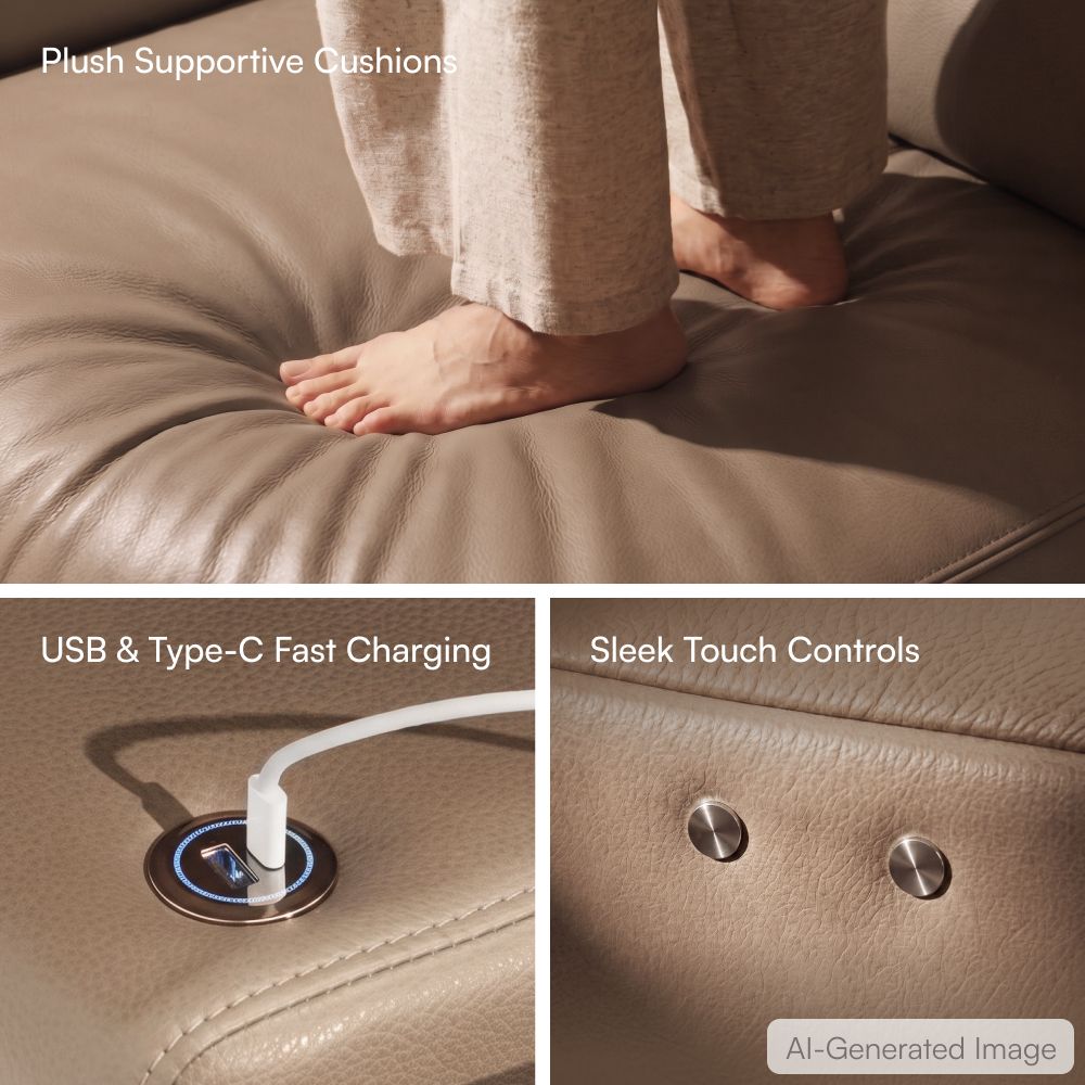 3-4 Seater Khaki Top Grain Leather Power Reclining Sofas