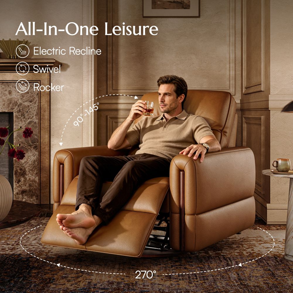  Multifunctional Caramel Top Grain Leather Recliners