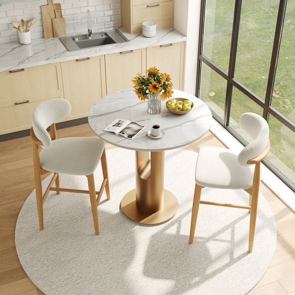 Round White & Bronze Glossy Sintered Stone Small Bar & Bistro Tables