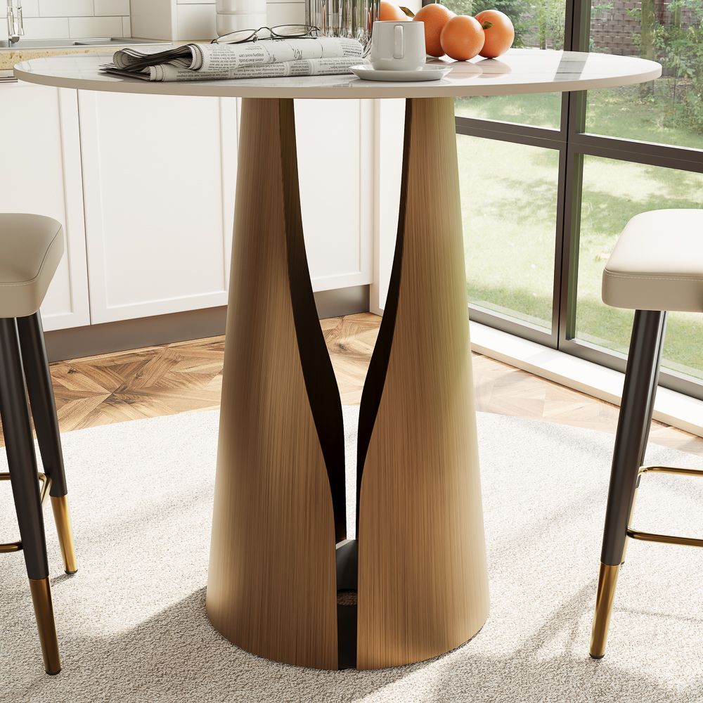 Pedestal White & Bronze Glossy Sintered Stone Small Bar & Bistro Tables