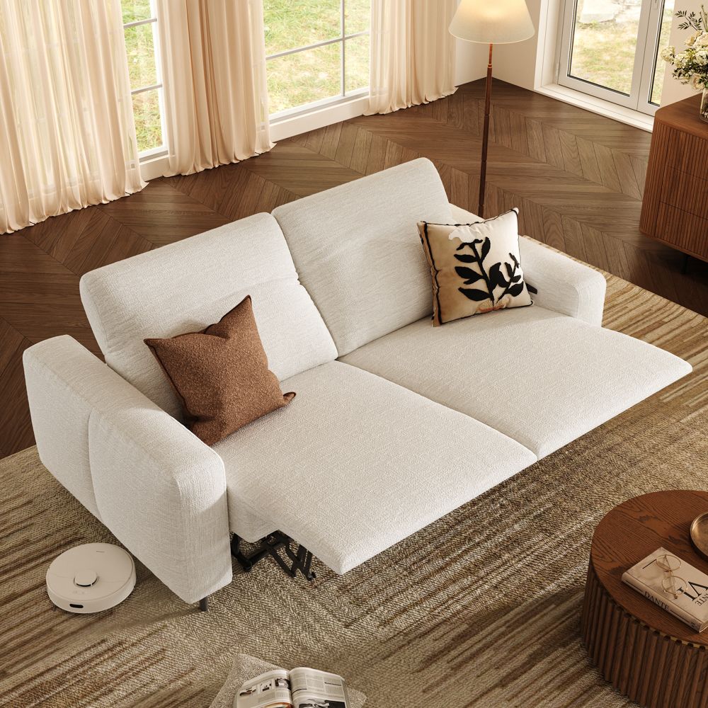 Dual Power Reclining Sofa White Chenille Fabric Smart Furniture