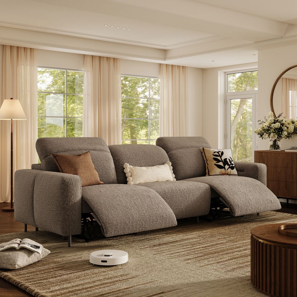 Dual Power Reclining Sofa Khaki Chenille Fabric Smart Furniture