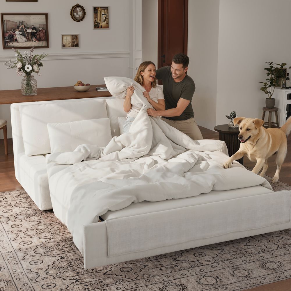 Modern Beige Cotton Linen Sofa Beds