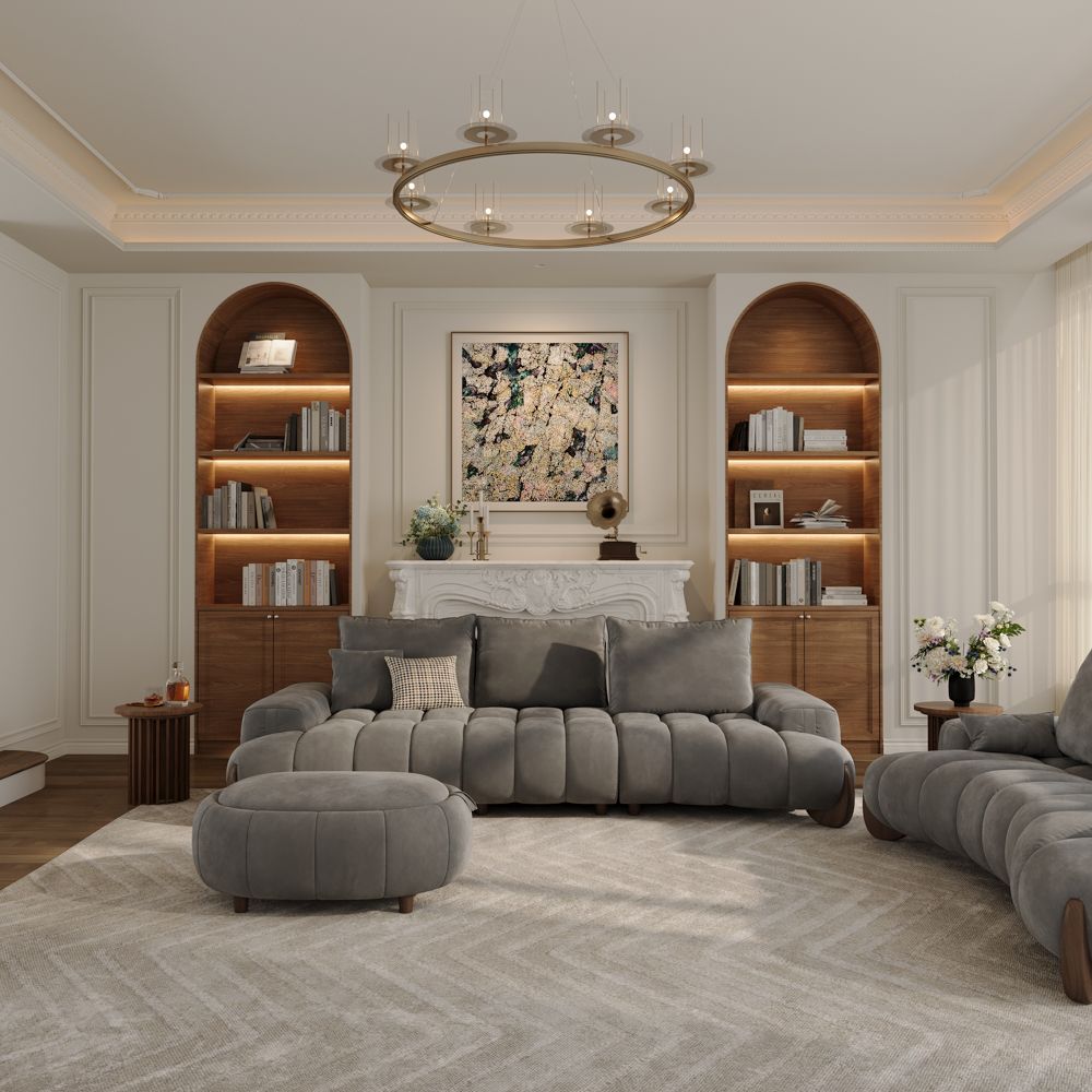 Beige Grey Velvet Sofa Set