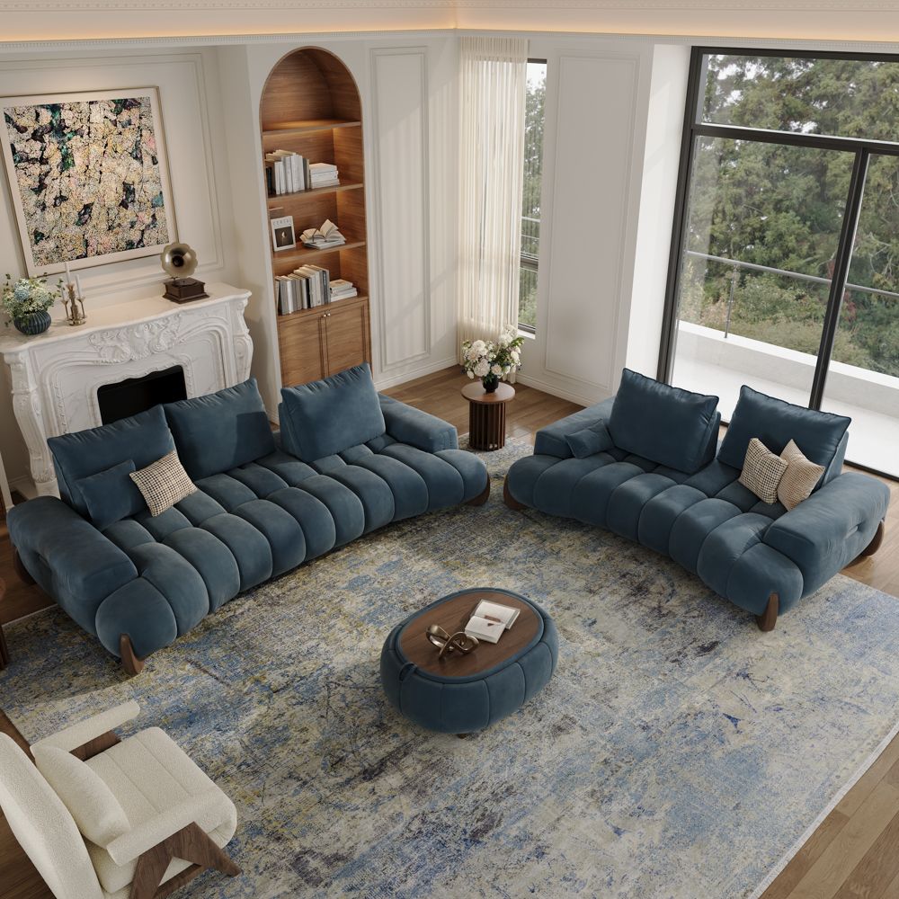Deep Seat Blue Velvet Sofa Set