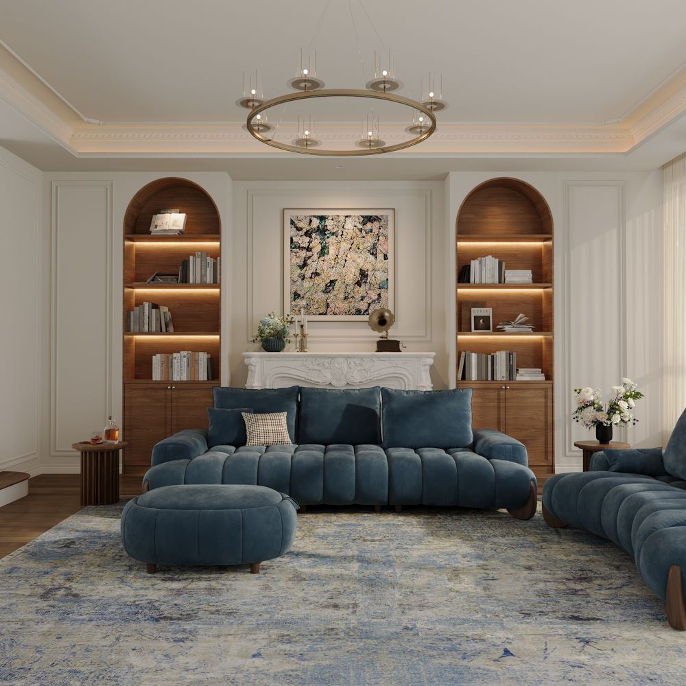 Fabric Blue Velvet Sofa Set