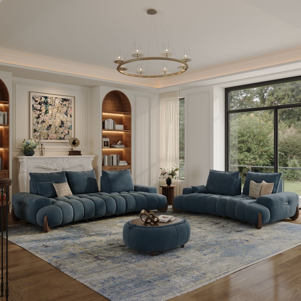 Deep Seat Blue Velvet Sofa Set