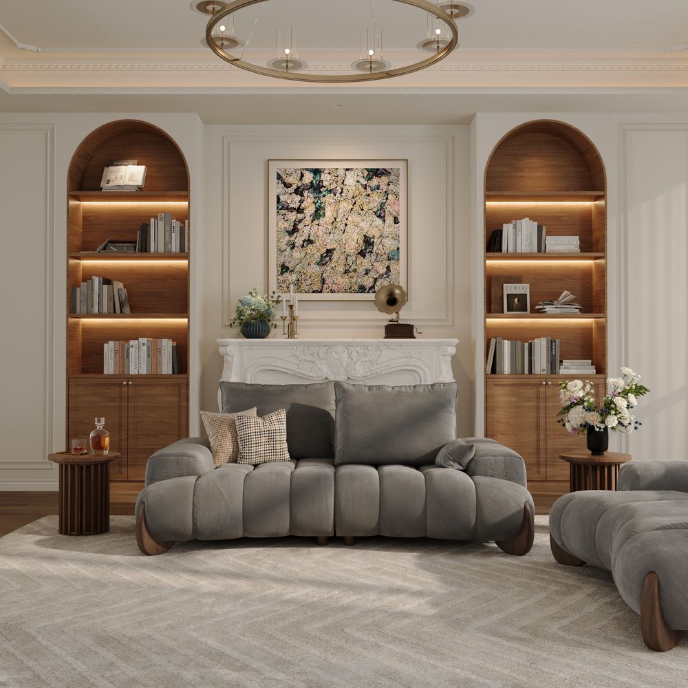 Beige Gray Velvet Sofa Set