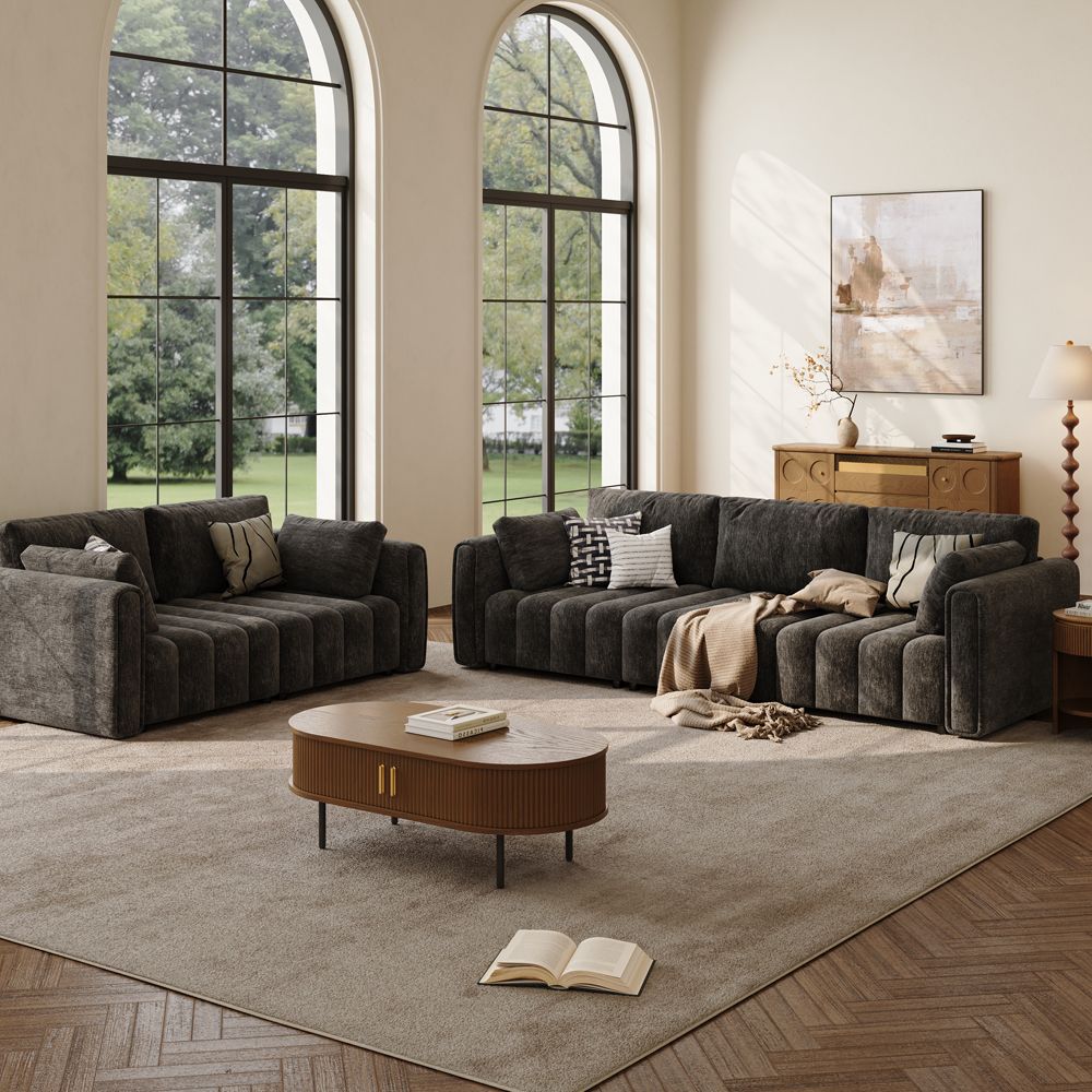 Straight Armrest Black Chenille Sofa Set