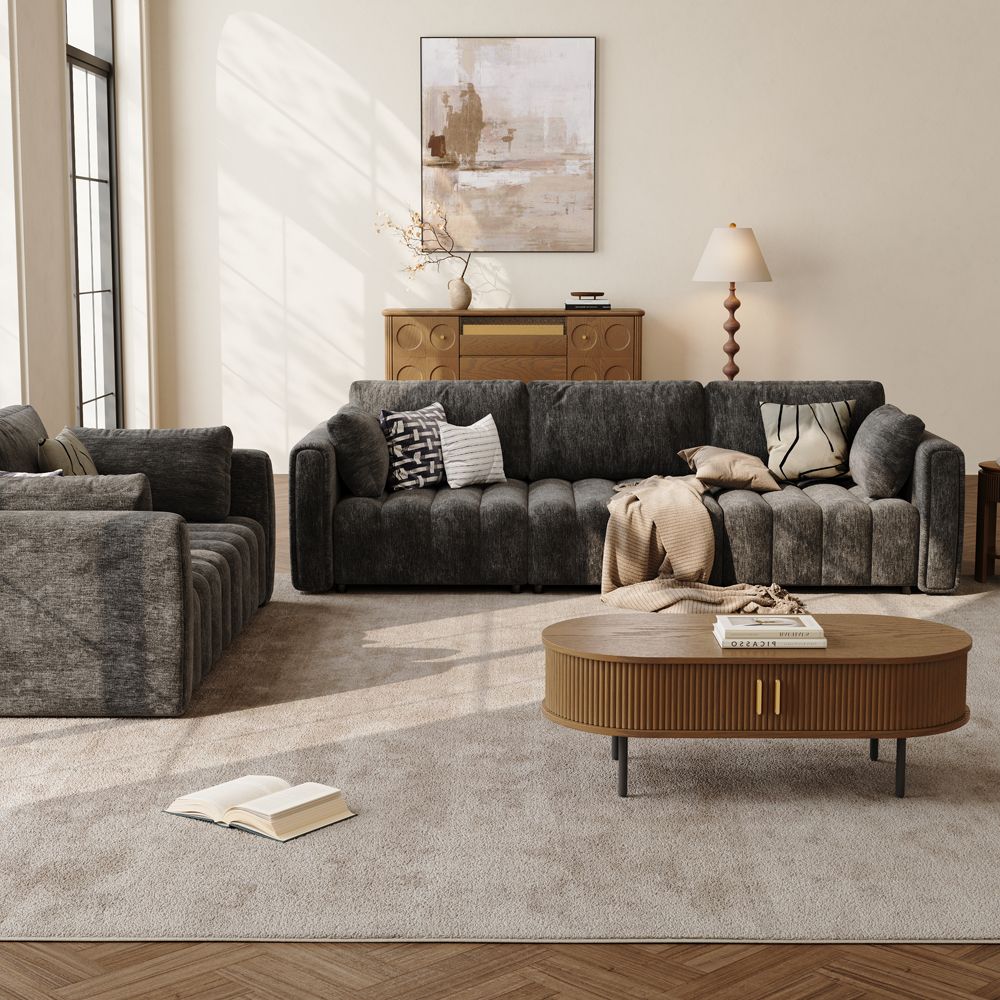 Apartment Black Chenille Sofa Set