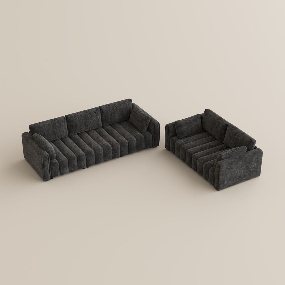 Straight Armrest Black Chenille Sofa Set