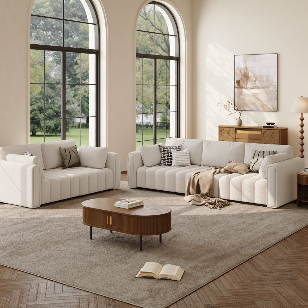 Living Room Beige Chenille Sofa Set
