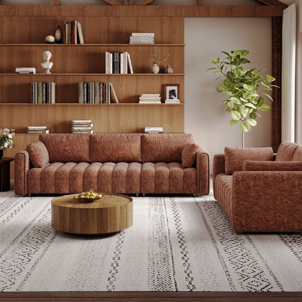 Mid Century Modern Brown Chenille Sofa Set