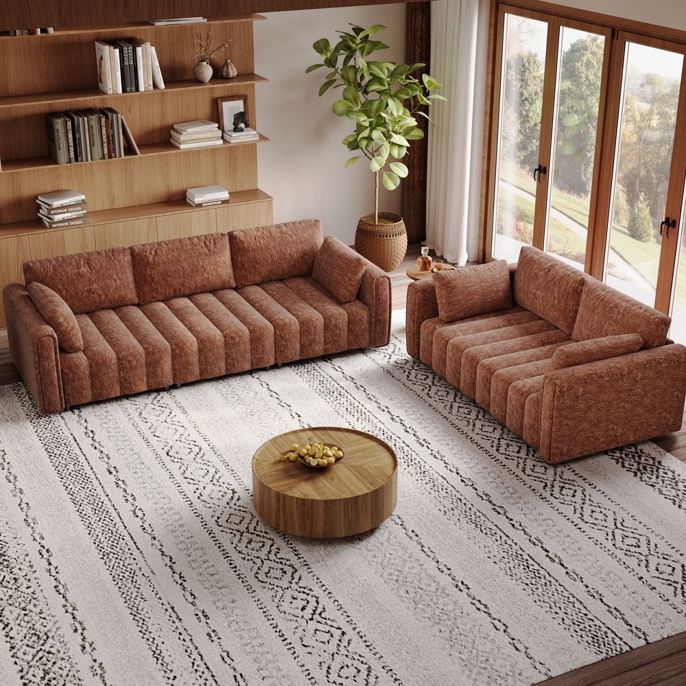 5-6 Seater Brown Chenille Sofa Set