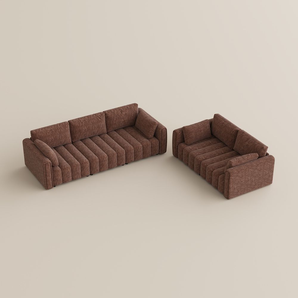 5-6 Seater Brown Chenille Sofa Set