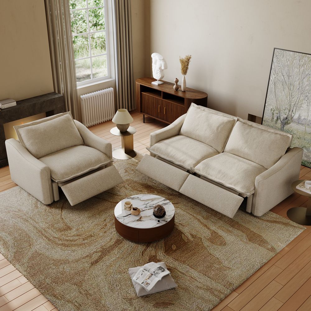 5-6 Seater Beige Linen Sofa Set