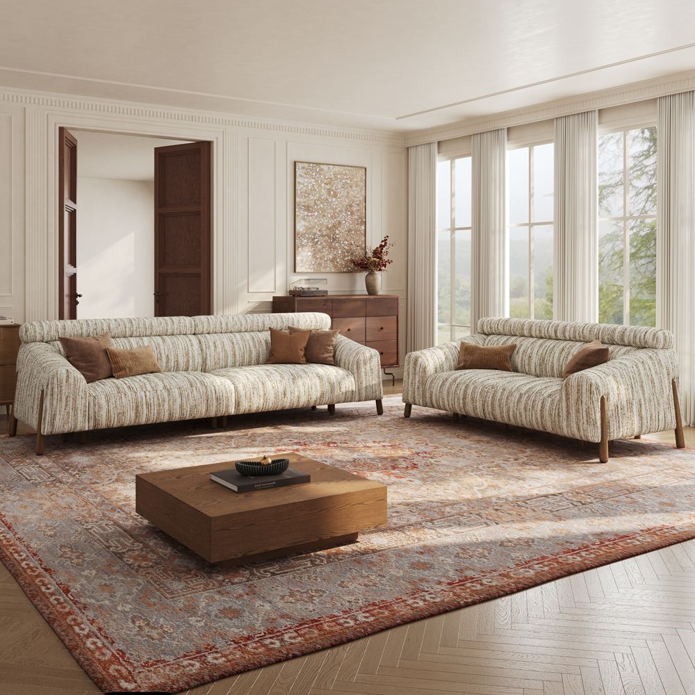 60-80 inches Brown Textured Tweed Sofa Set