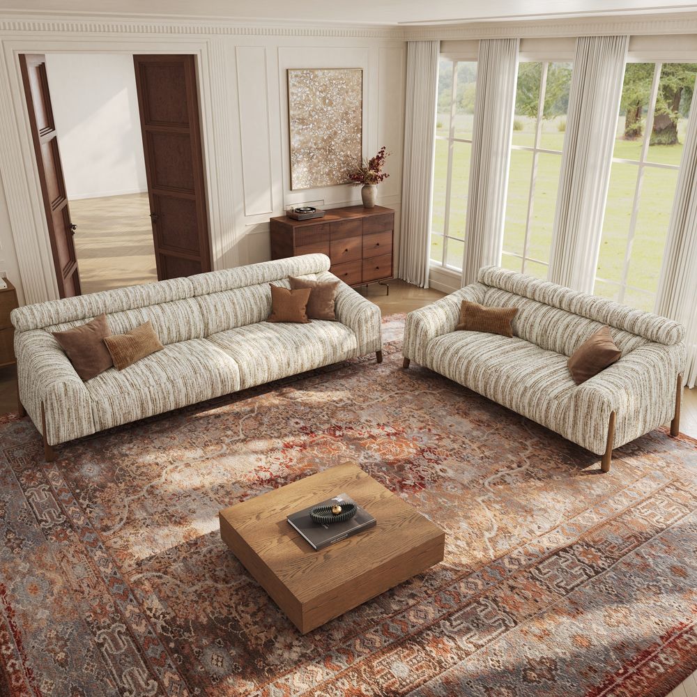 60-80 inches Brown Textured Tweed Sofa Set