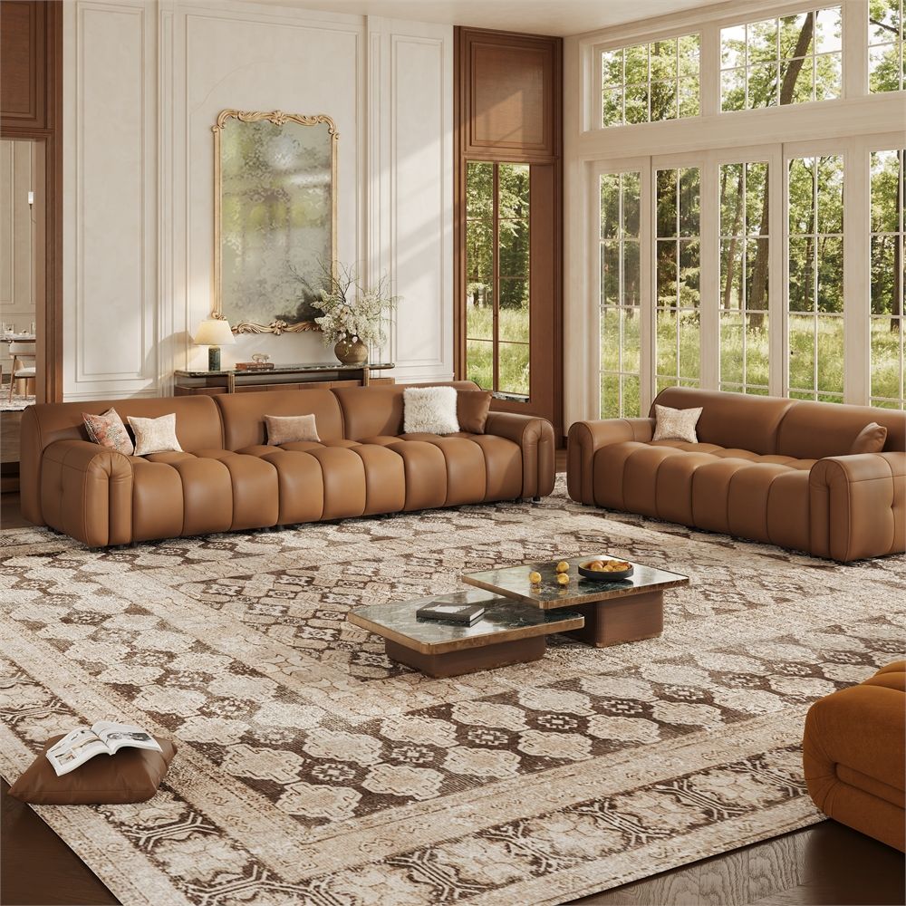 Foam Caramel Genuine Leather Sofa Set