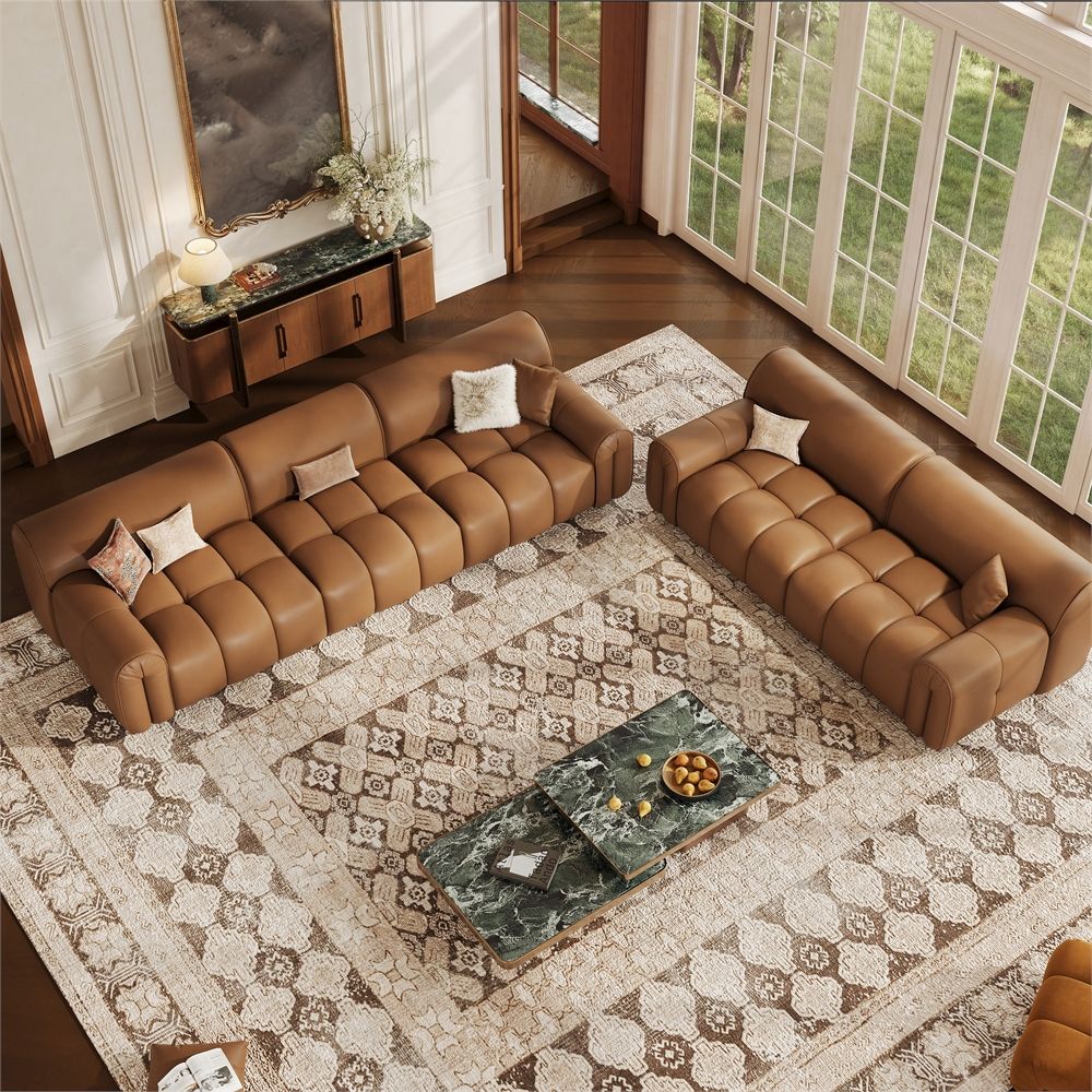 Pure Color Caramel Genuine Leather Sofa Set