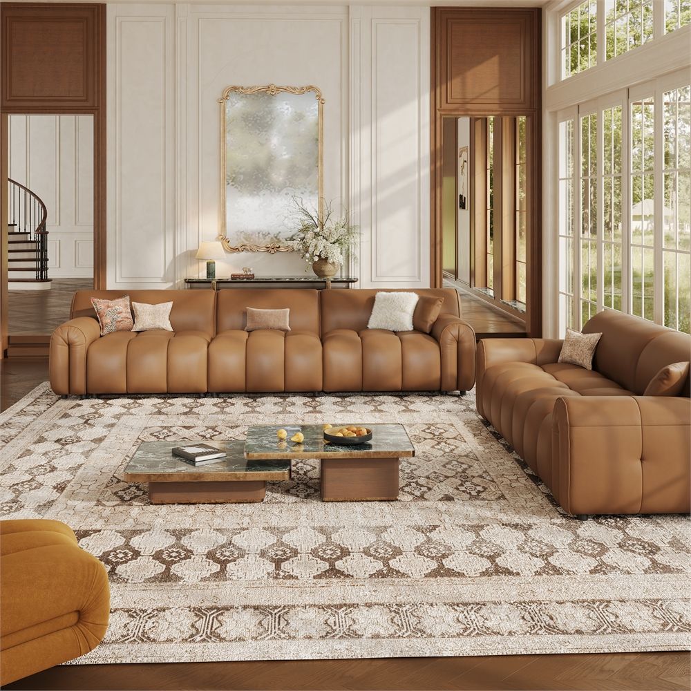 Plastic legs Caramel Genuine Leather Sofa Set