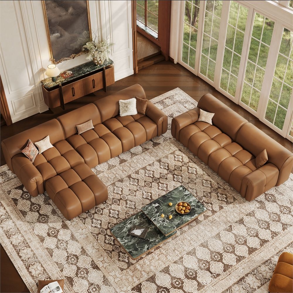 Modern Caramel Genuine Leather Sofa Set