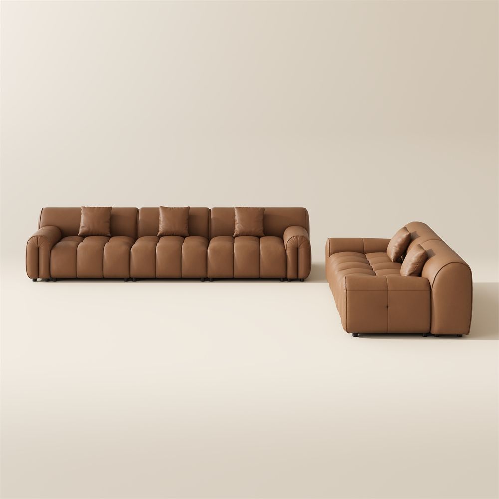 Pure Color Caramel Genuine Leather Sofa Set