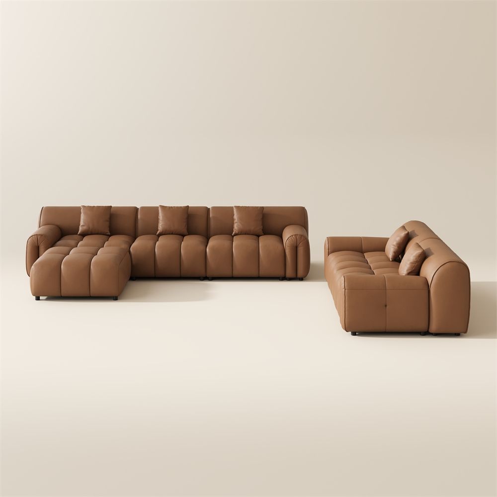 Rectangular Caramel Genuine Leather Sofa Set