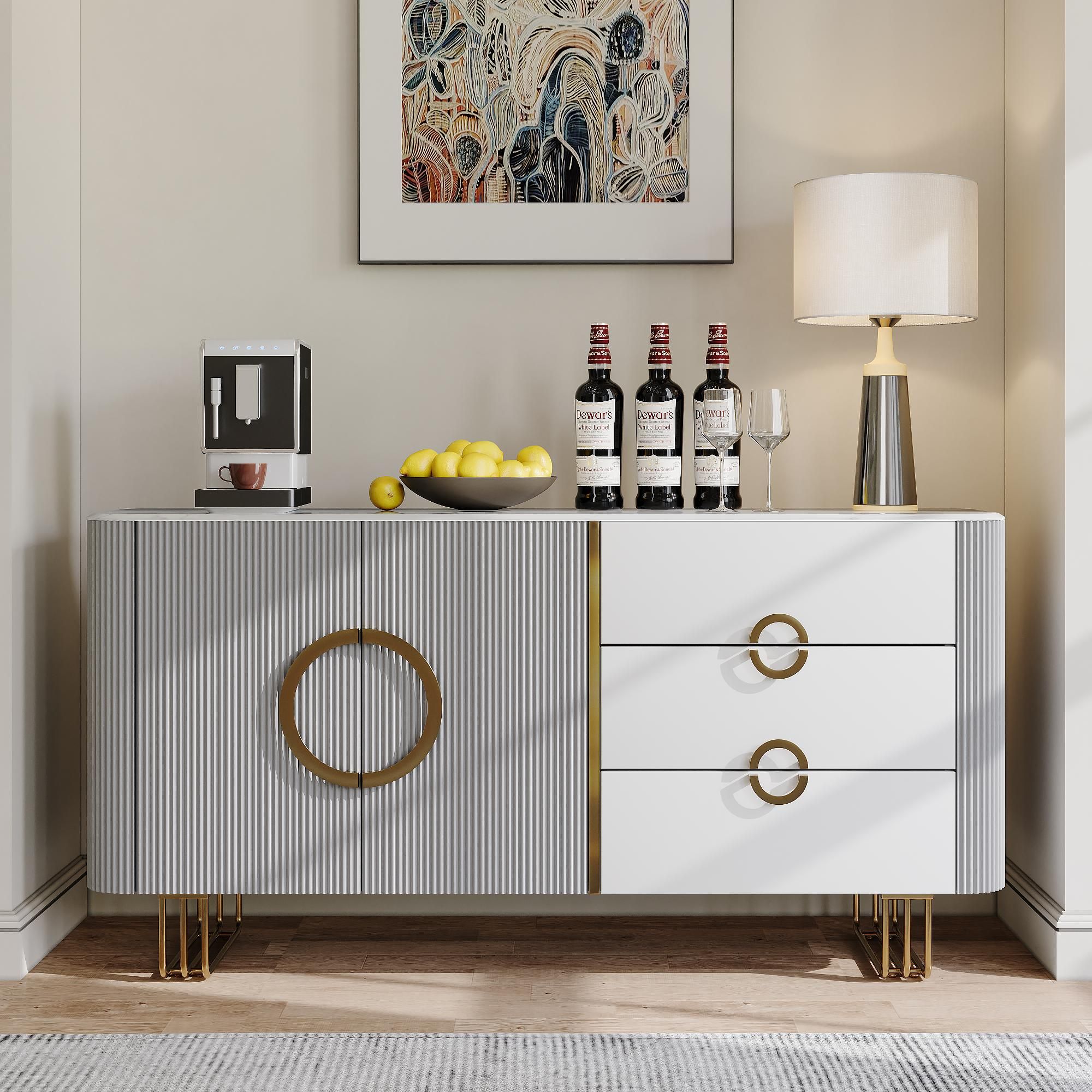 Partly Assemble White & Gray Glossy Sintered Stone Storage Cabinets