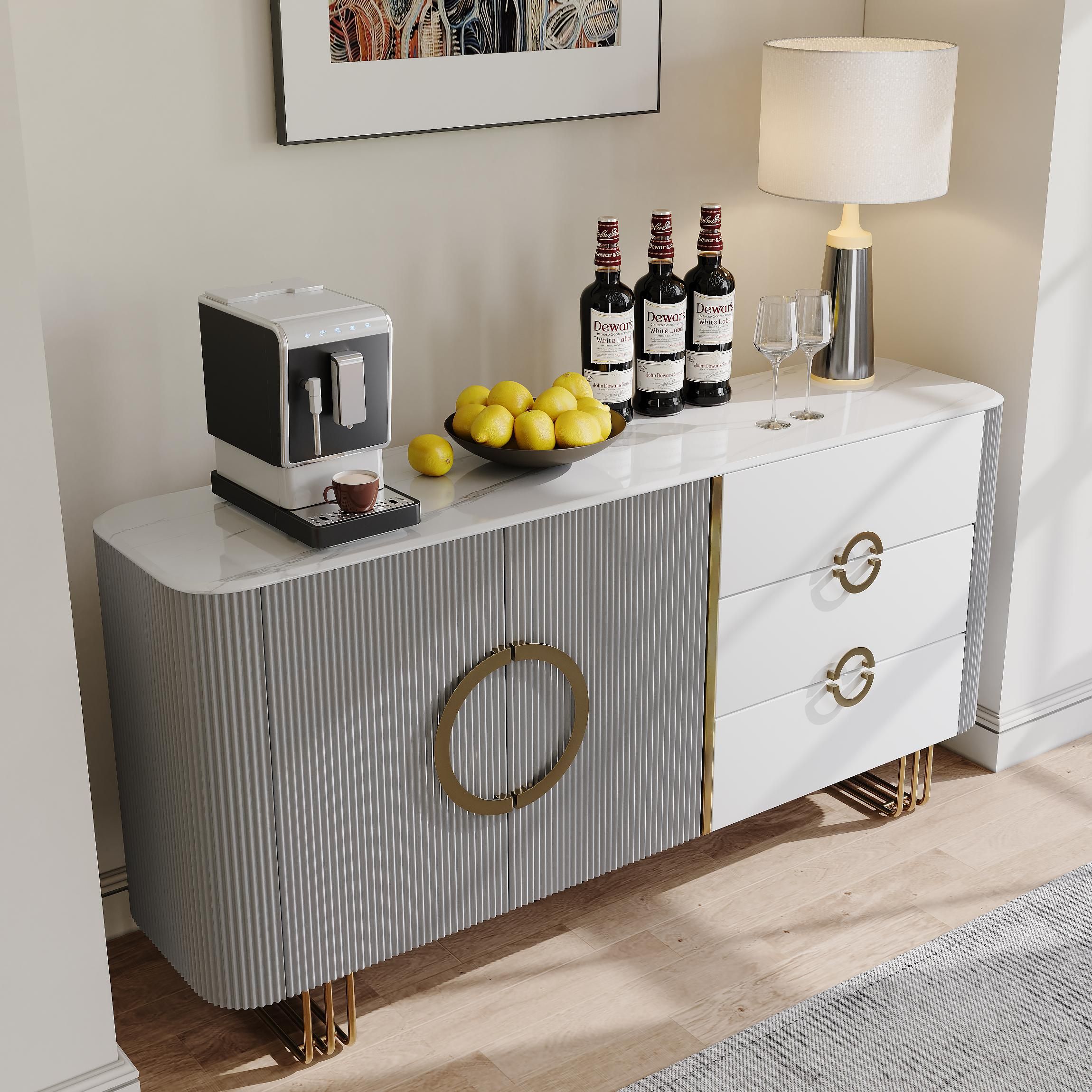 Wood White & Gray Glossy Sintered Stone Storage Cabinets