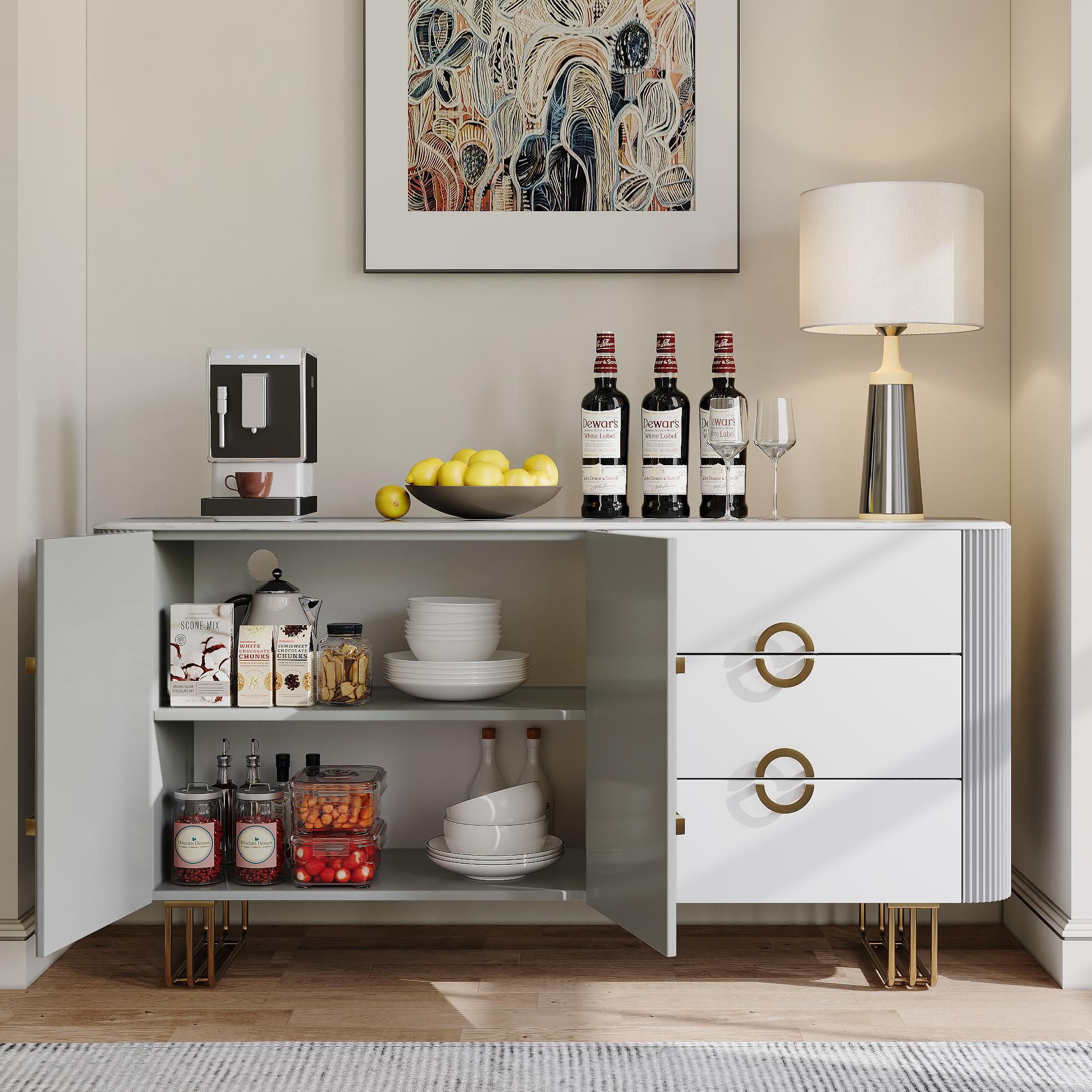 with Cabinets White & Gray Glossy Sintered Stone Storage Cabinets